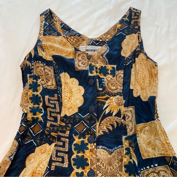 Joni Blair Romper Blue Tan Floral Abstract V Neck Button Front Tie Back Size 7 - Picture 5 of 9